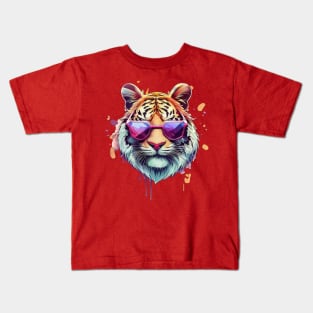 Cool tiger wearing sunglasses pastel watercolor splash Kids T-Shirt